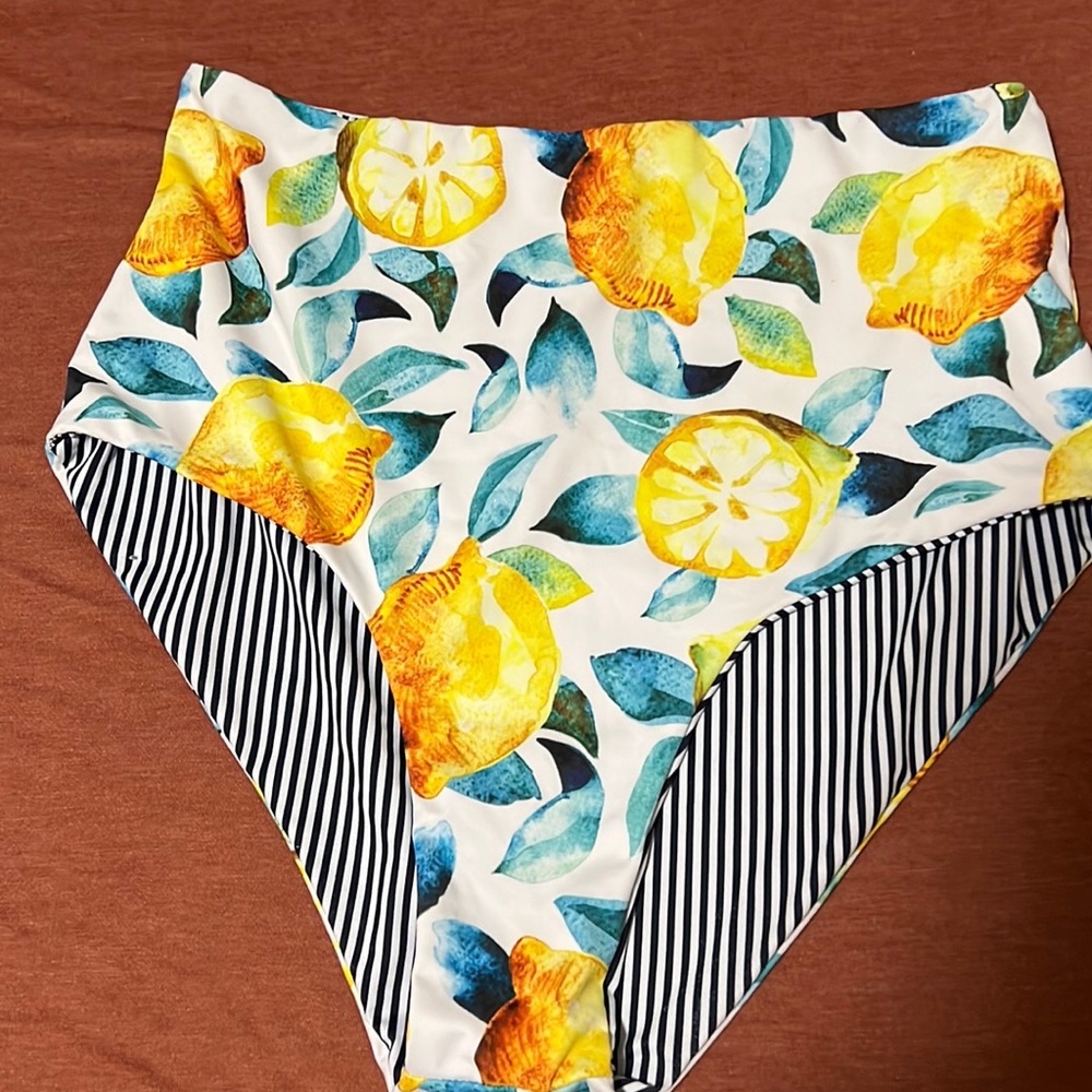 Reverse swimsuit bottoms, lemons one side and stripes the other.